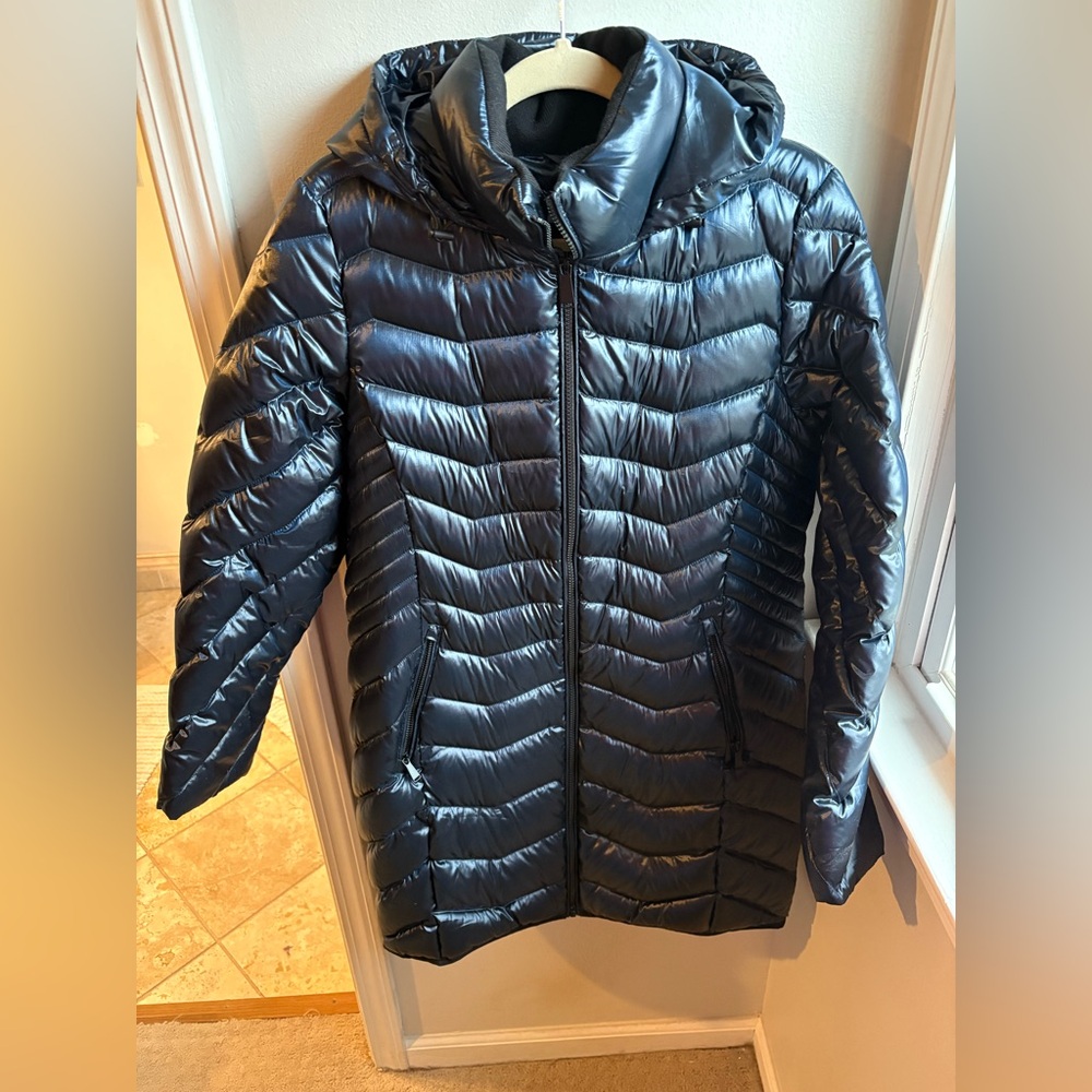 Saks Fifth Avenue Shiny Blue/Black Puffer Jacket size L new w/ tags!!